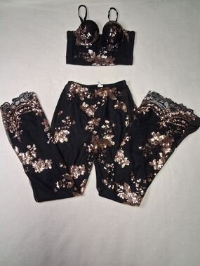 Black Sequin Floral Wide-Leg Pants by